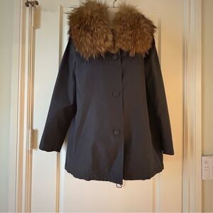 STEFANEL Gray Windbreaker Jacket With Removable Big Raccoon Collar, Size M, NEW